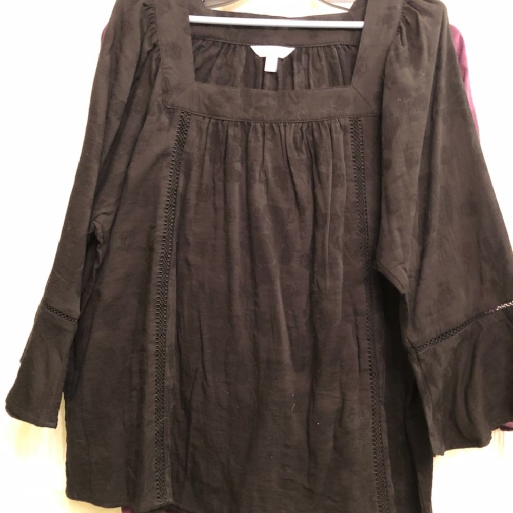 Time and Tru Women's Black Jacquard Peasant Blouse, NWOT